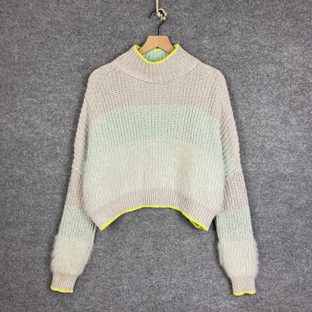 Free People Sweater Womens Small Multi Color Good Fuzzy Knit Mock Neck Cropped